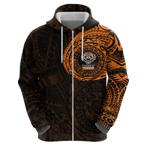 Personalized Wests Tigers Hoodie Polynesian Tribal Chest and Sleeve Tattoo