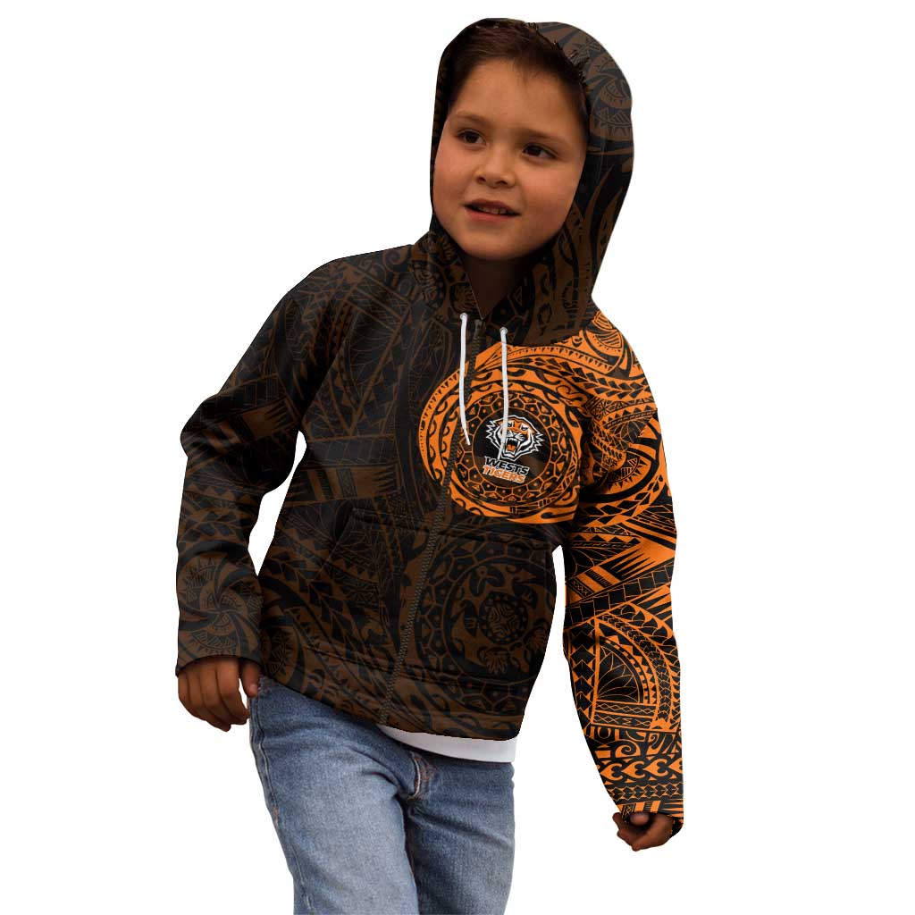 Personalized Wests Tigers Kid Hoodie Polynesian Tribal Chest and Sleeve Tattoo