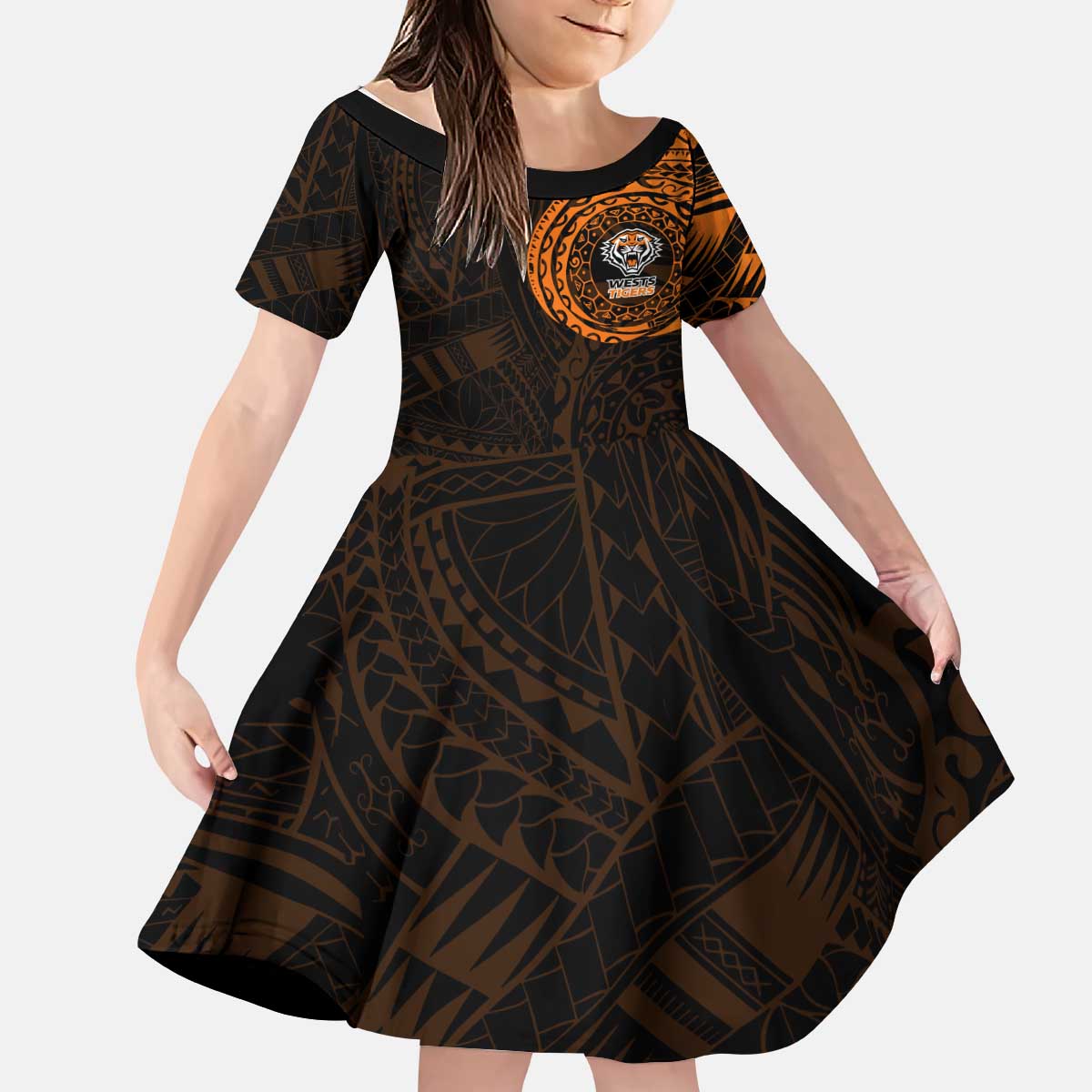 Personalized Wests Tigers Kid Short Sleeve Dress Polynesian Tribal Chest and Sleeve Tattoo