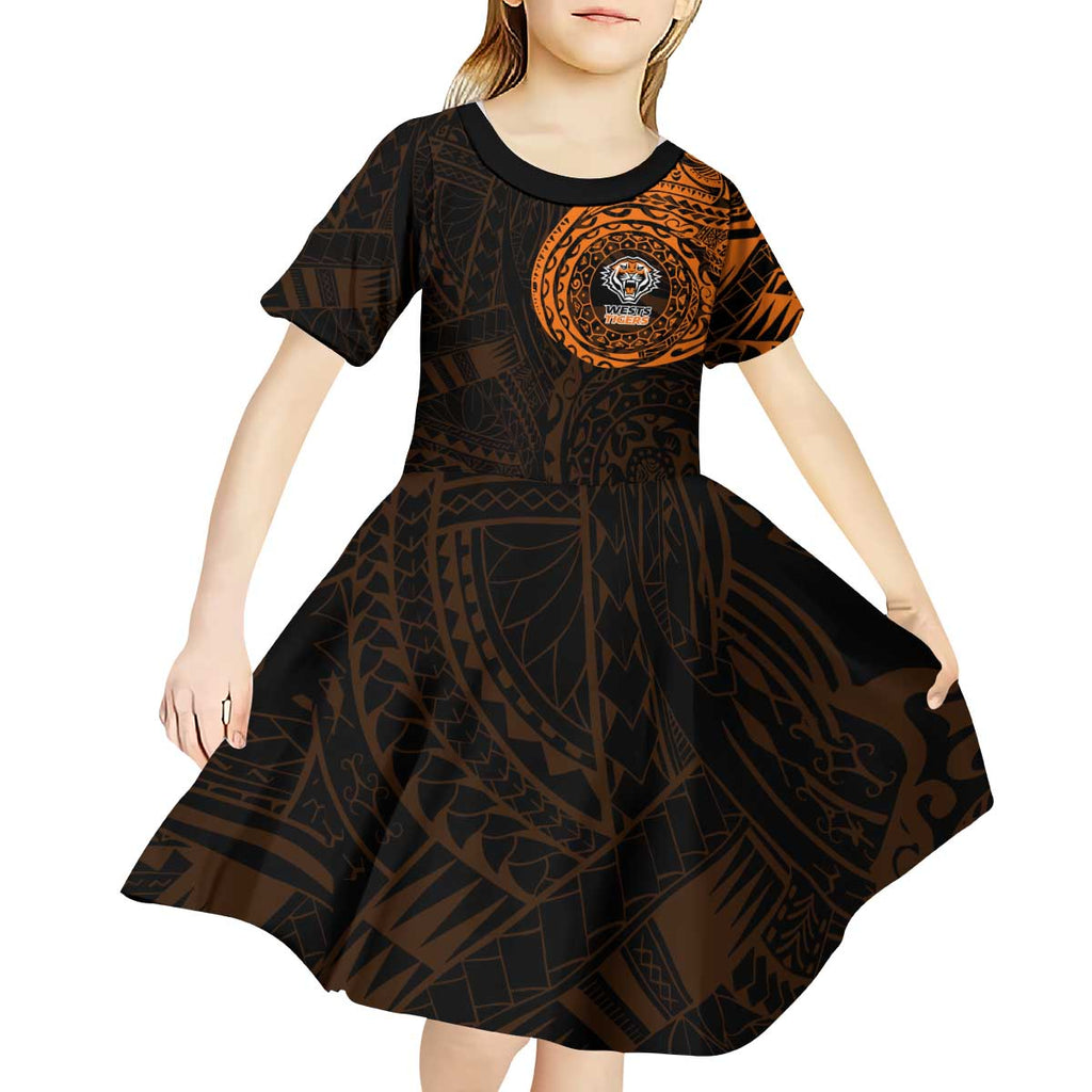 Personalized Wests Tigers Kid Short Sleeve Dress Polynesian Tribal Chest and Sleeve Tattoo