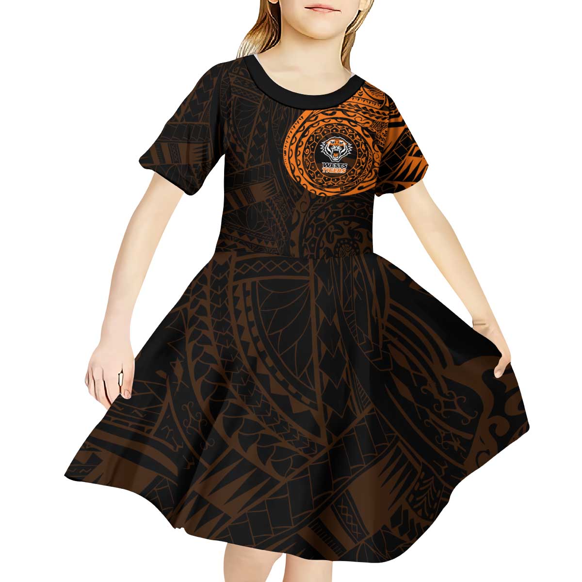 Personalized Wests Tigers Kid Short Sleeve Dress Polynesian Tribal Chest and Sleeve Tattoo