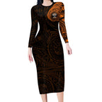 Personalized Wests Tigers Long Sleeve Bodycon Dress Polynesian Tribal Chest and Sleeve Tattoo