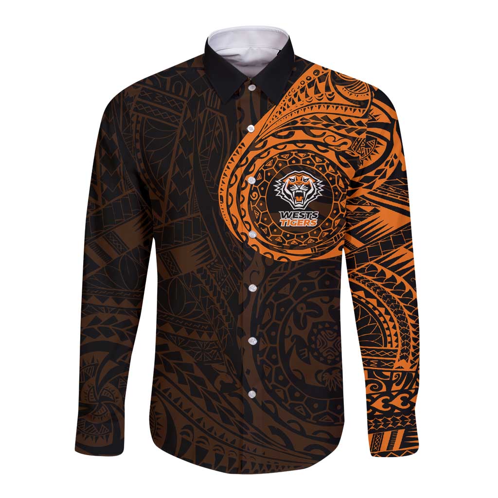 Personalized Wests Tigers Long Sleeve Button Shirt Polynesian Tribal Chest and Sleeve Tattoo