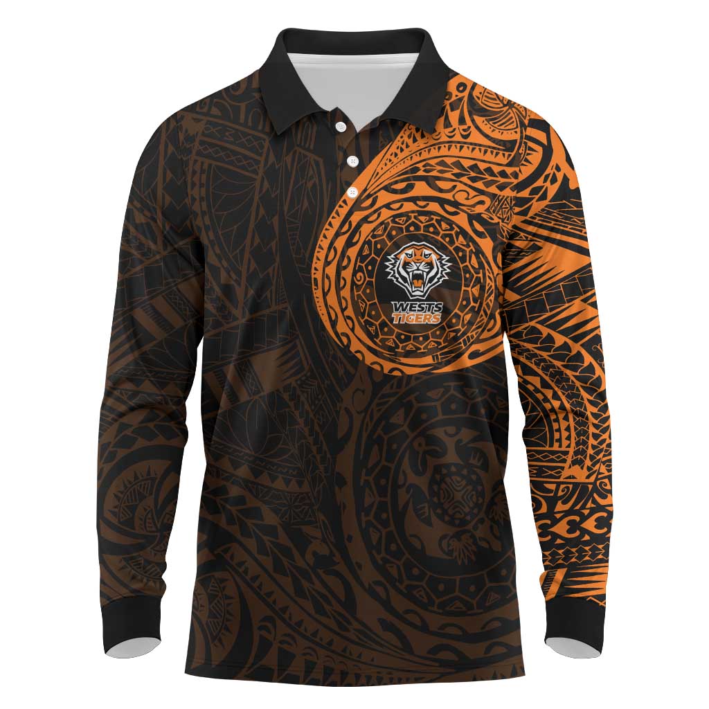 Personalized Wests Tigers Long Sleeve Polo Shirt Polynesian Tribal Chest and Sleeve Tattoo