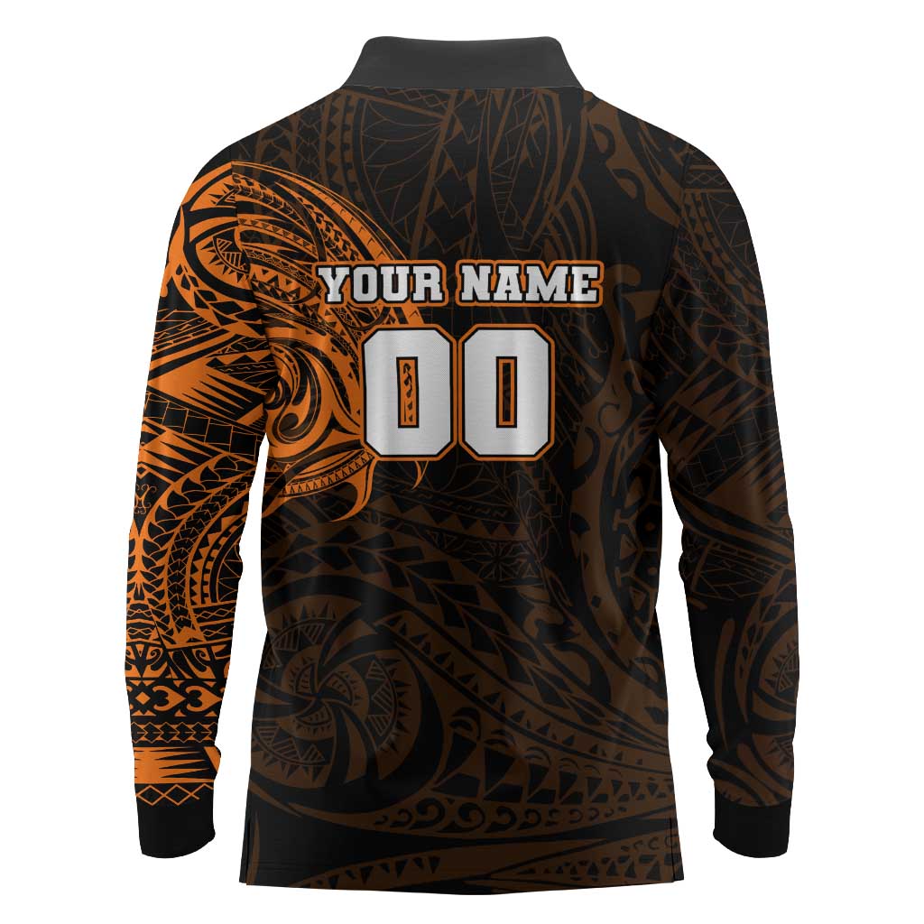Personalized Wests Tigers Long Sleeve Polo Shirt Polynesian Tribal Chest and Sleeve Tattoo