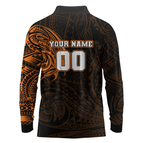 Personalized Wests Tigers Long Sleeve Polo Shirt Polynesian Tribal Chest and Sleeve Tattoo