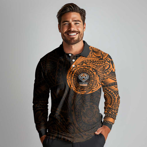 Personalized Wests Tigers Long Sleeve Polo Shirt Polynesian Tribal Chest and Sleeve Tattoo
