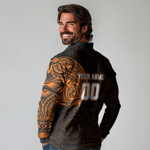 Personalized Wests Tigers Long Sleeve Polo Shirt Polynesian Tribal Chest and Sleeve Tattoo