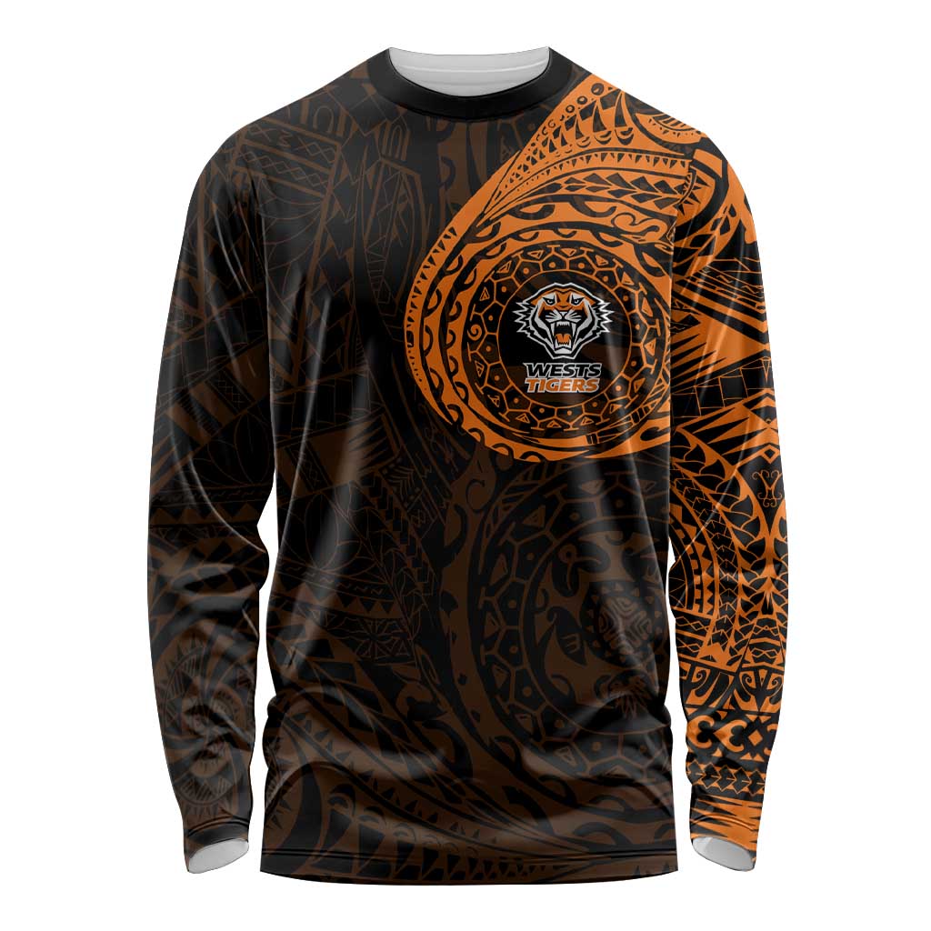Personalized Wests Tigers Long Sleeve Shirt Polynesian Tribal Chest and Sleeve Tattoo
