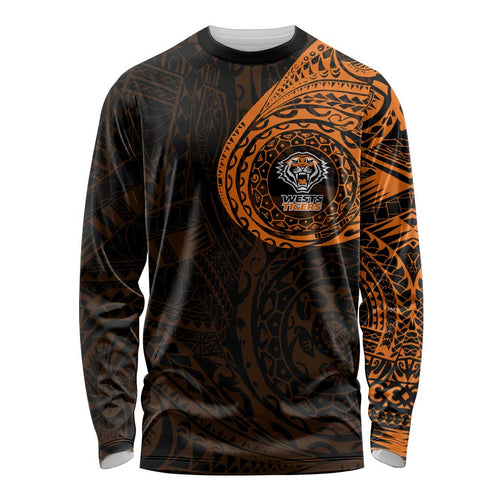 Personalized Wests Tigers Long Sleeve Shirt Polynesian Tribal Chest and Sleeve Tattoo