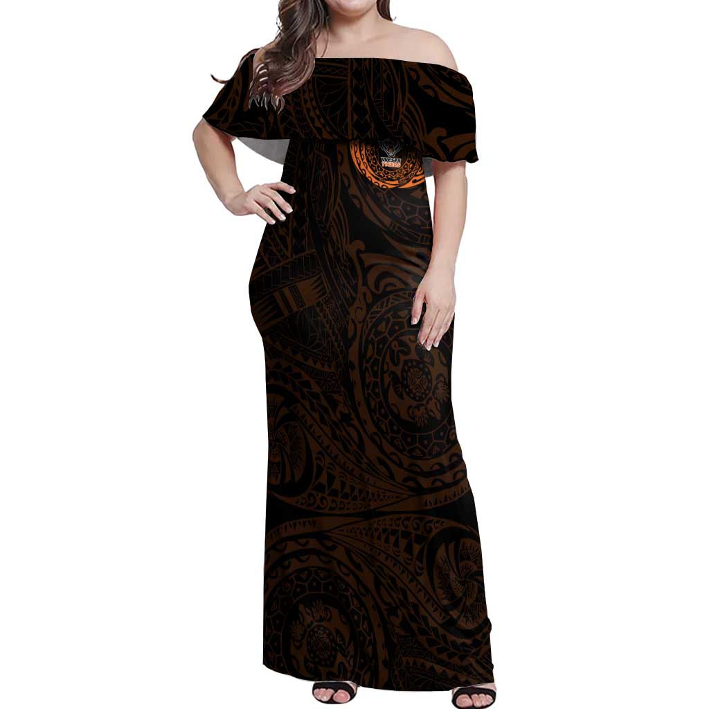 Personalized Wests Tigers Off Shoulder Maxi Dress Polynesian Tribal Chest and Sleeve Tattoo
