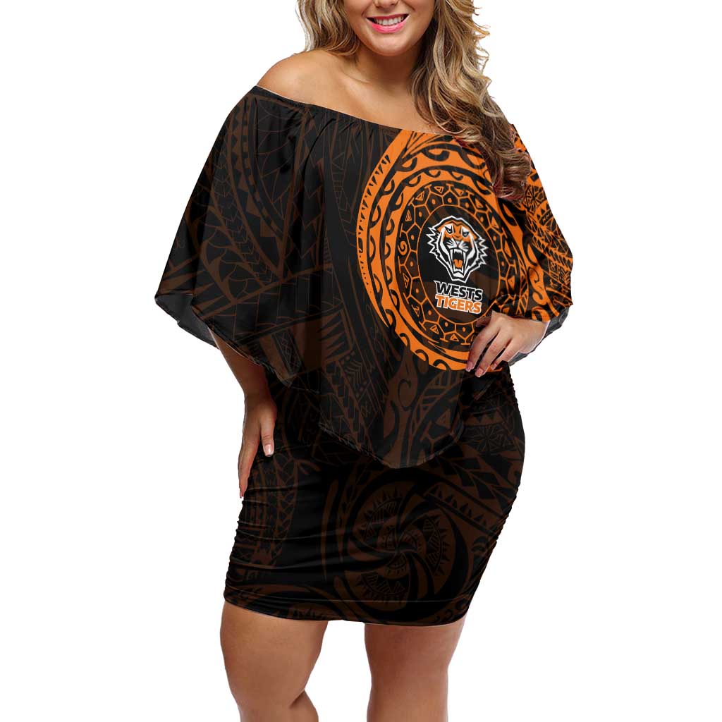 Personalized Wests Tigers Off Shoulder Short Dress Polynesian Tribal Chest and Sleeve Tattoo