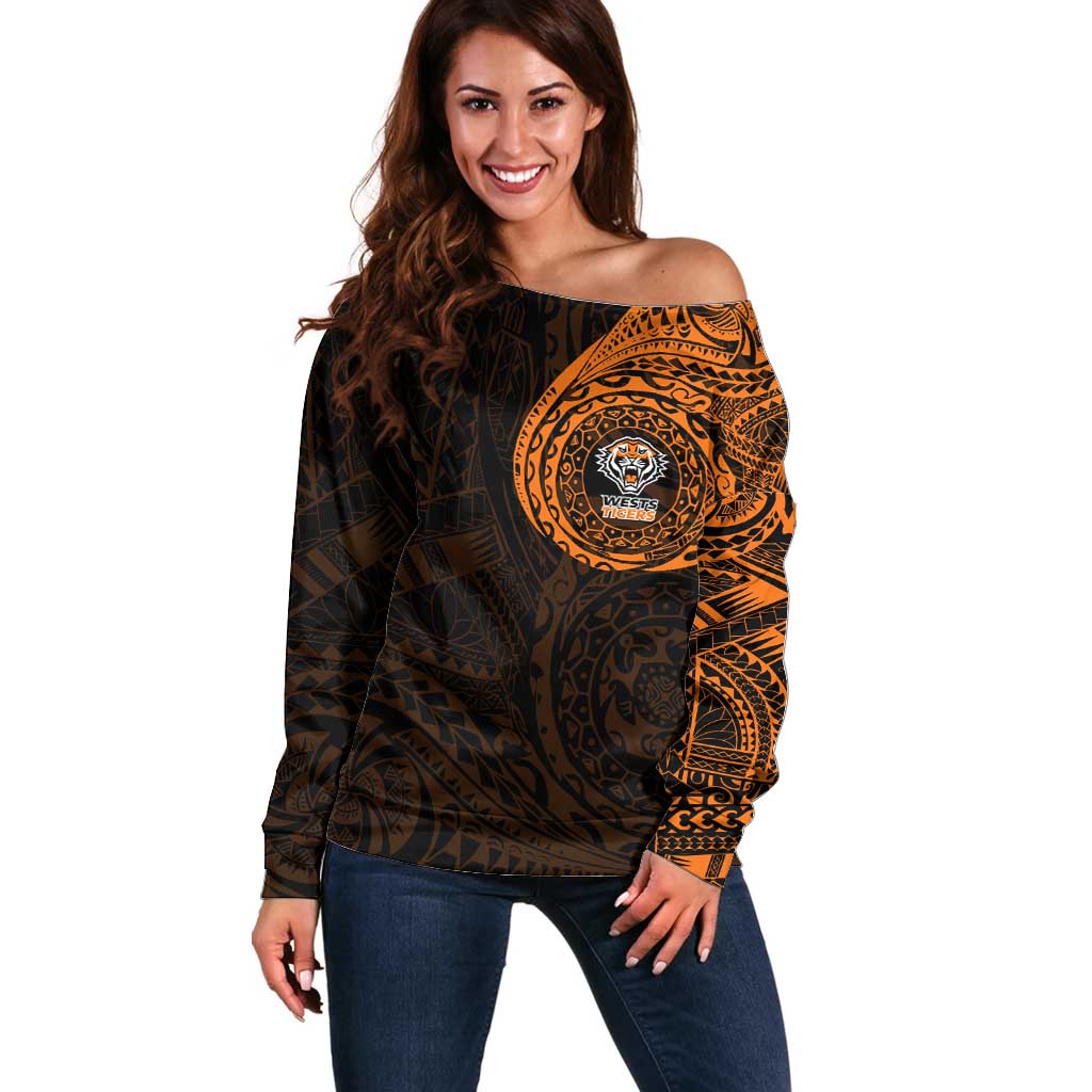 Personalized Wests Tigers Off Shoulder Sweater Polynesian Tribal Chest and Sleeve Tattoo