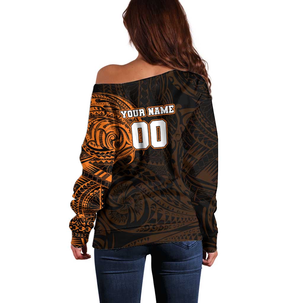 Personalized Wests Tigers Off Shoulder Sweater Polynesian Tribal Chest and Sleeve Tattoo