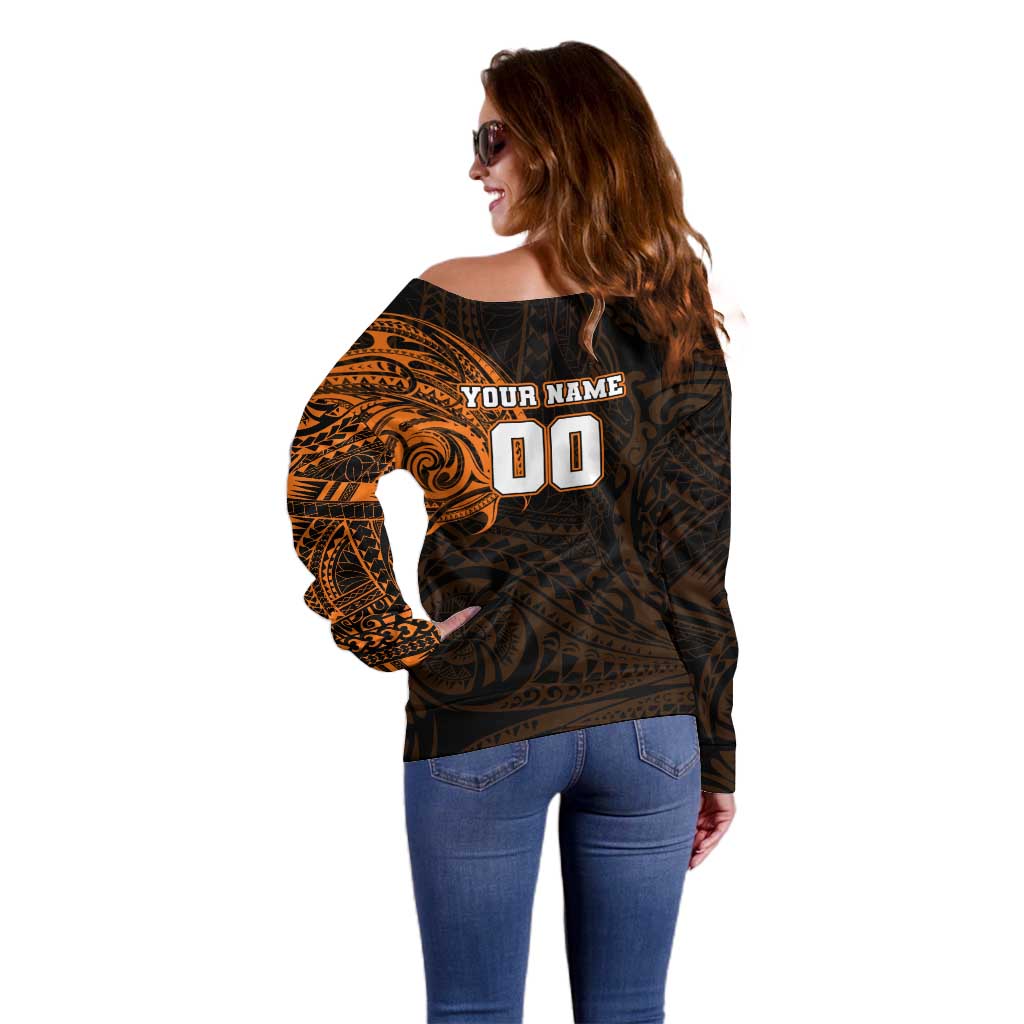 Personalized Wests Tigers Off Shoulder Sweater Polynesian Tribal Chest and Sleeve Tattoo