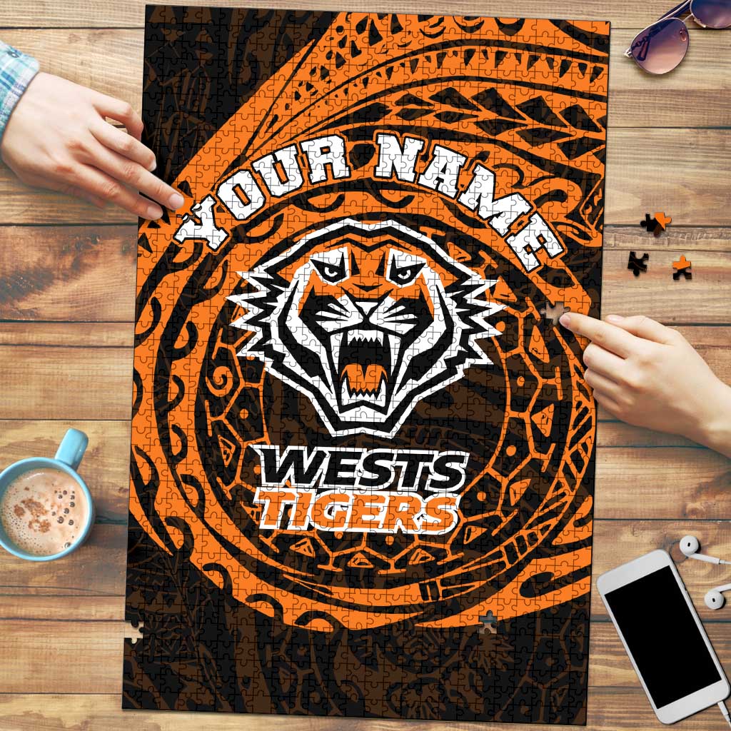 Personalized Wests Tigers Puzzle Polynesian Tribal Chest and Sleeve Tattoo