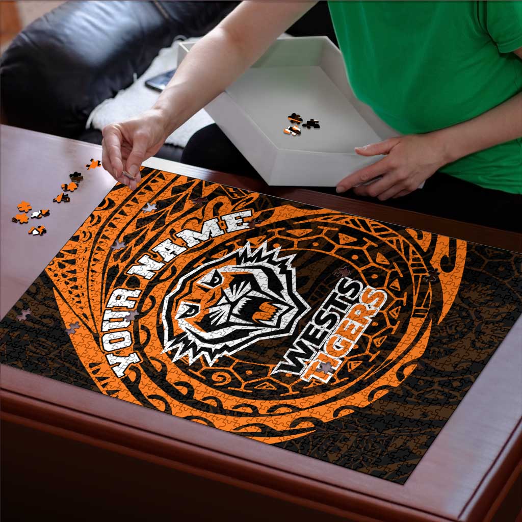 Personalized Wests Tigers Puzzle Polynesian Tribal Chest and Sleeve Tattoo