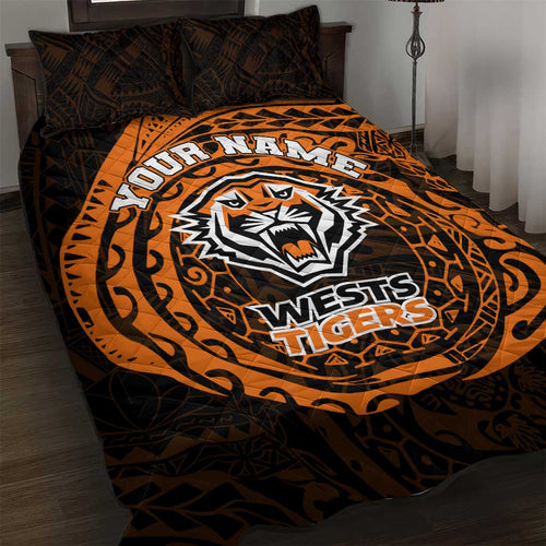 Personalized Wests Tigers Quilt Bed Set Polynesian Tribal Chest and Sleeve Tattoo