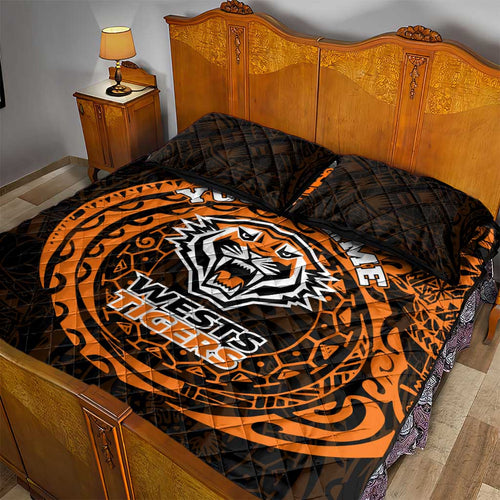 Personalized Wests Tigers Quilt Bed Set Polynesian Tribal Chest and Sleeve Tattoo