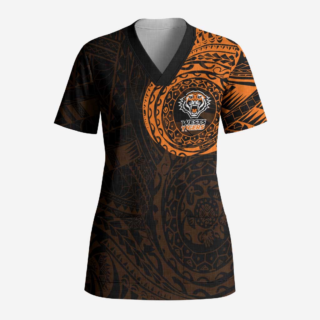 Personalized Wests Tigers Scrub Top Polynesian Tribal Chest and Sleeve Tattoo