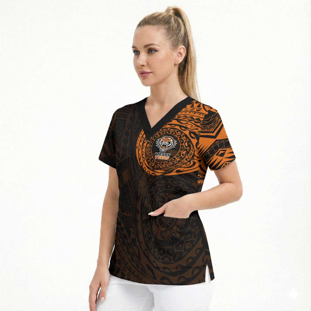 Personalized Wests Tigers Scrub Top Polynesian Tribal Chest and Sleeve Tattoo