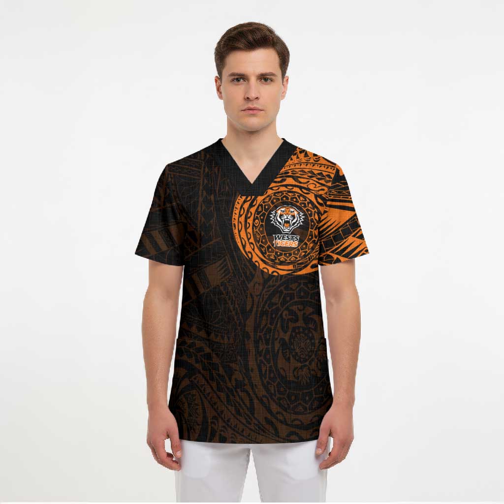 Personalized Wests Tigers Scrub Top Polynesian Tribal Chest and Sleeve Tattoo