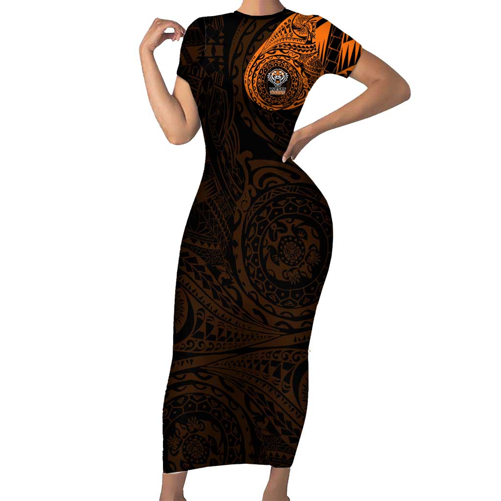 Personalized Wests Tigers Short Sleeve Bodycon Dress Polynesian Tribal Chest and Sleeve Tattoo