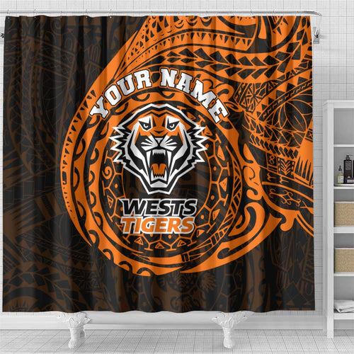 Personalized Wests Tigers Shower Curtain Polynesian Tribal Chest and Sleeve Tattoo