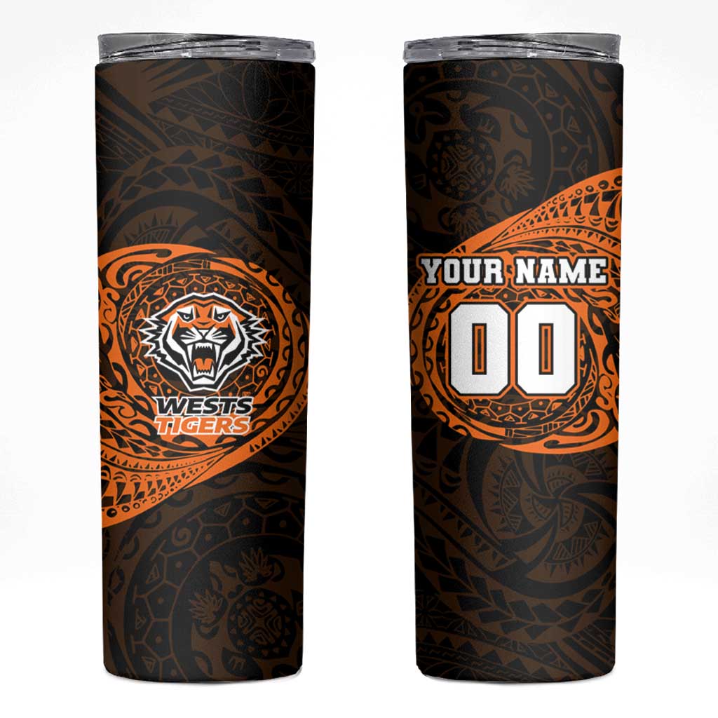 Personalized Wests Tigers Skinny Tumbler Polynesian Tribal Chest and Sleeve Tattoo