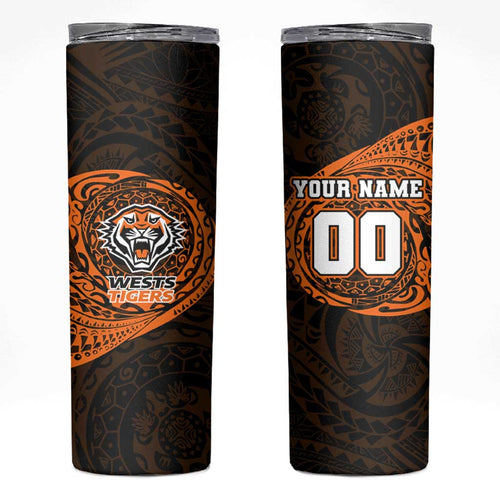 Personalized Wests Tigers Skinny Tumbler Polynesian Tribal Chest and Sleeve Tattoo