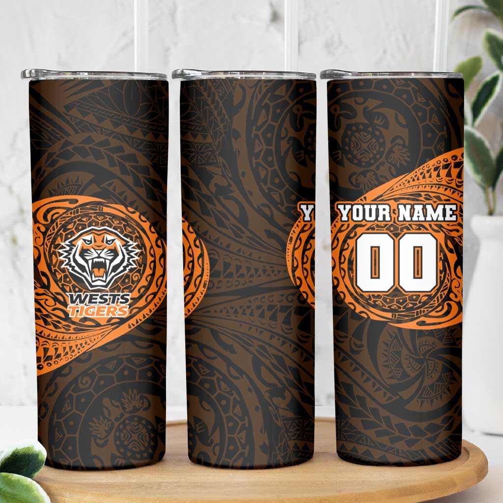 Personalized Wests Tigers Skinny Tumbler Polynesian Tribal Chest and Sleeve Tattoo