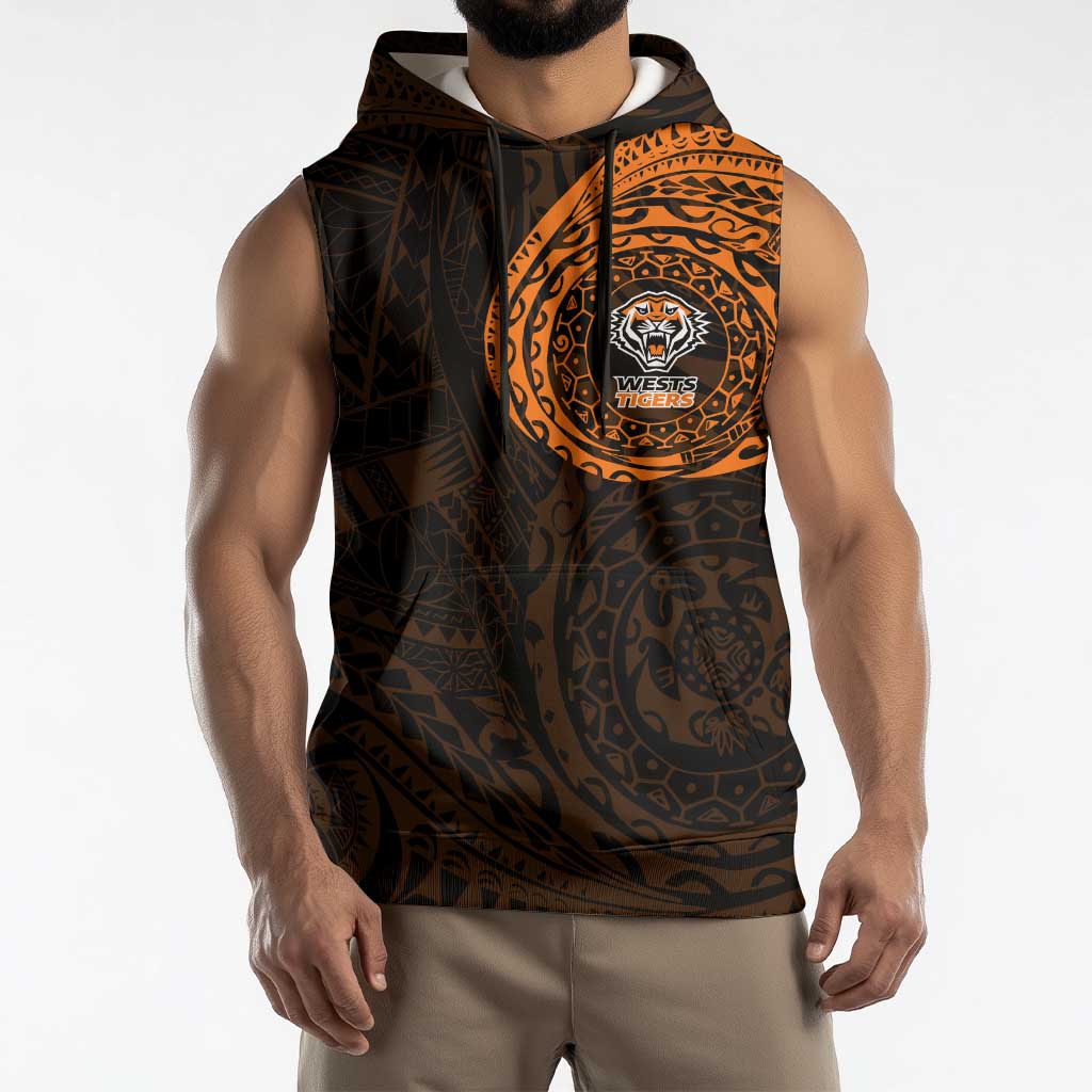 Personalized Wests Tigers Sleeveless Hoodie Polynesian Tribal Chest and Sleeve Tattoo