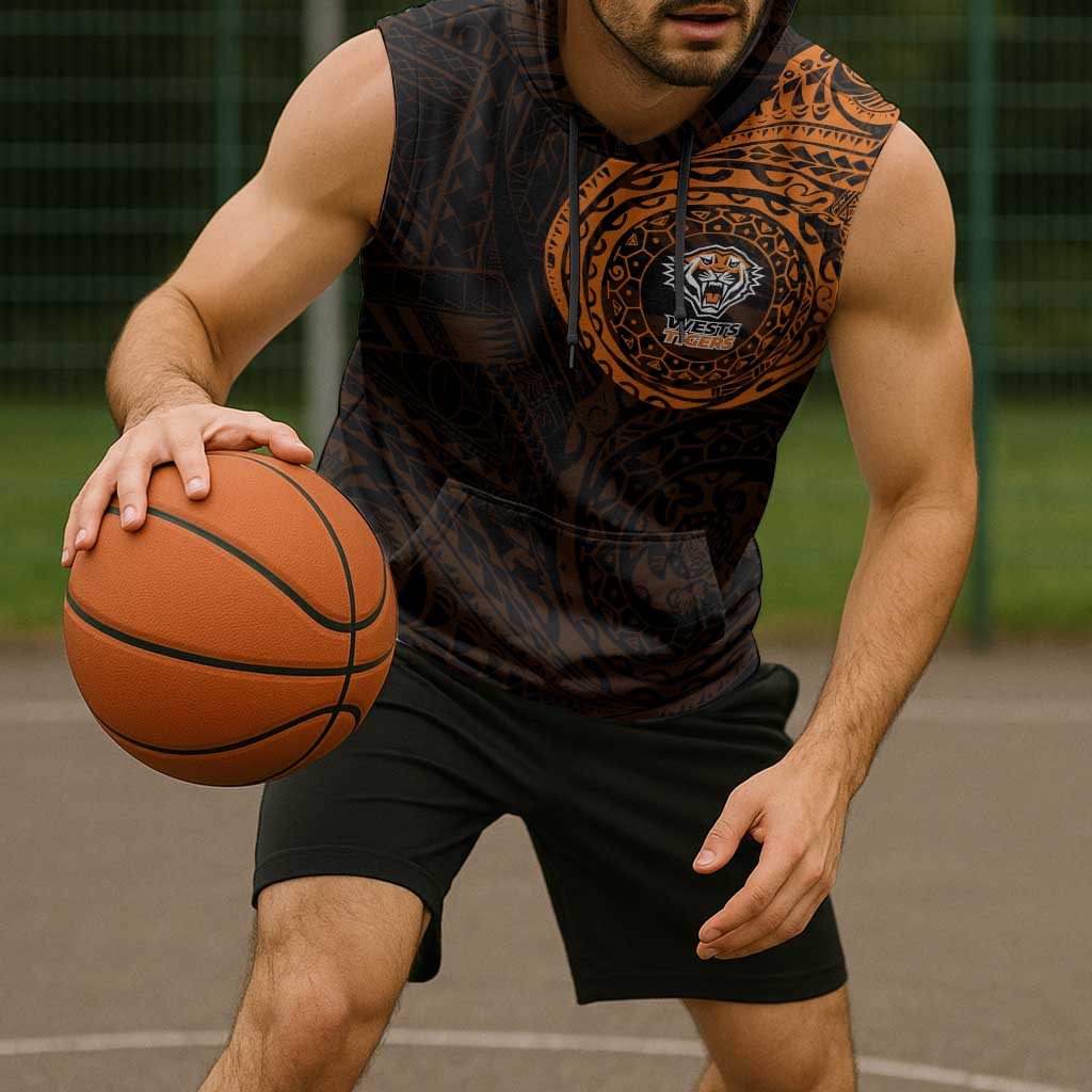 Personalized Wests Tigers Sleeveless Hoodie Polynesian Tribal Chest and Sleeve Tattoo