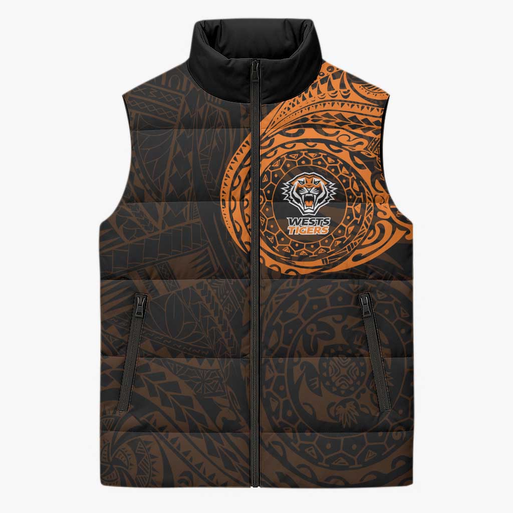 Personalized Wests Tigers Sleeveless Puffer Jacket Polynesian Tribal Chest and Sleeve Tattoo