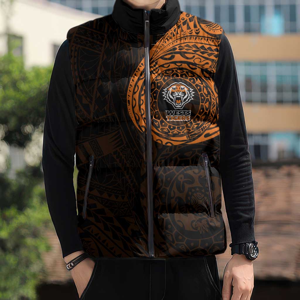Personalized Wests Tigers Sleeveless Puffer Jacket Polynesian Tribal Chest and Sleeve Tattoo