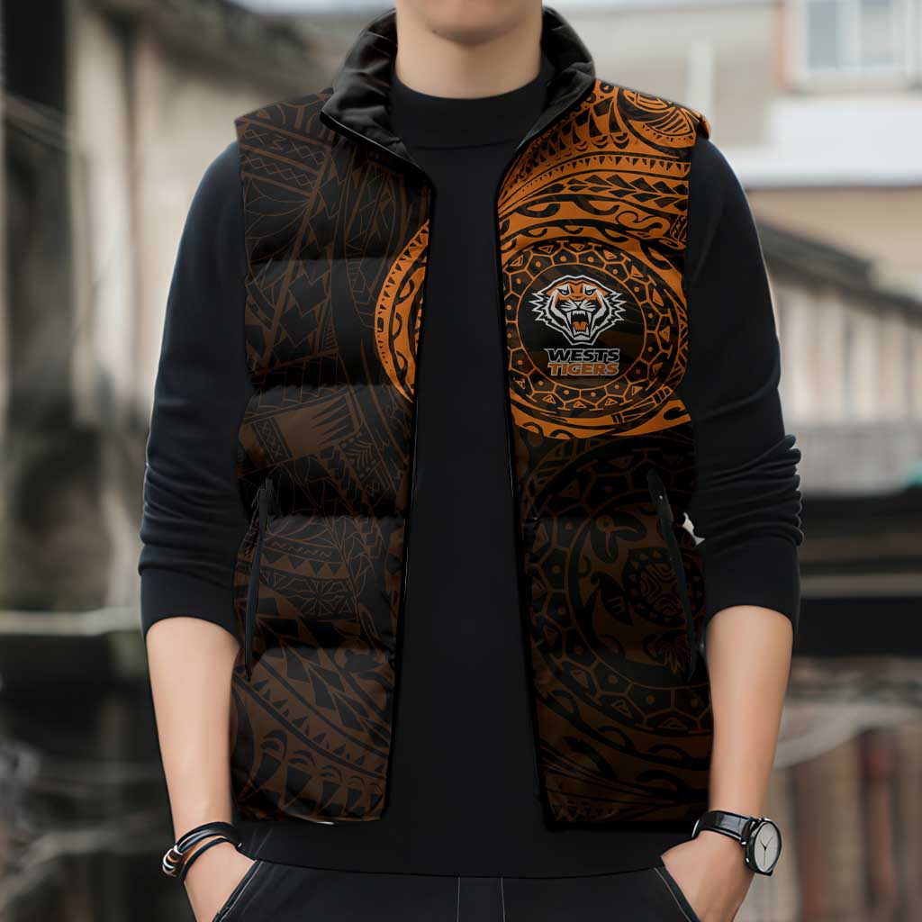 Personalized Wests Tigers Sleeveless Puffer Jacket Polynesian Tribal Chest and Sleeve Tattoo