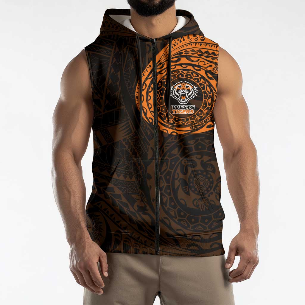 Personalized Wests Tigers Sleeveless Zip Hoodie Polynesian Tribal Chest and Sleeve Tattoo