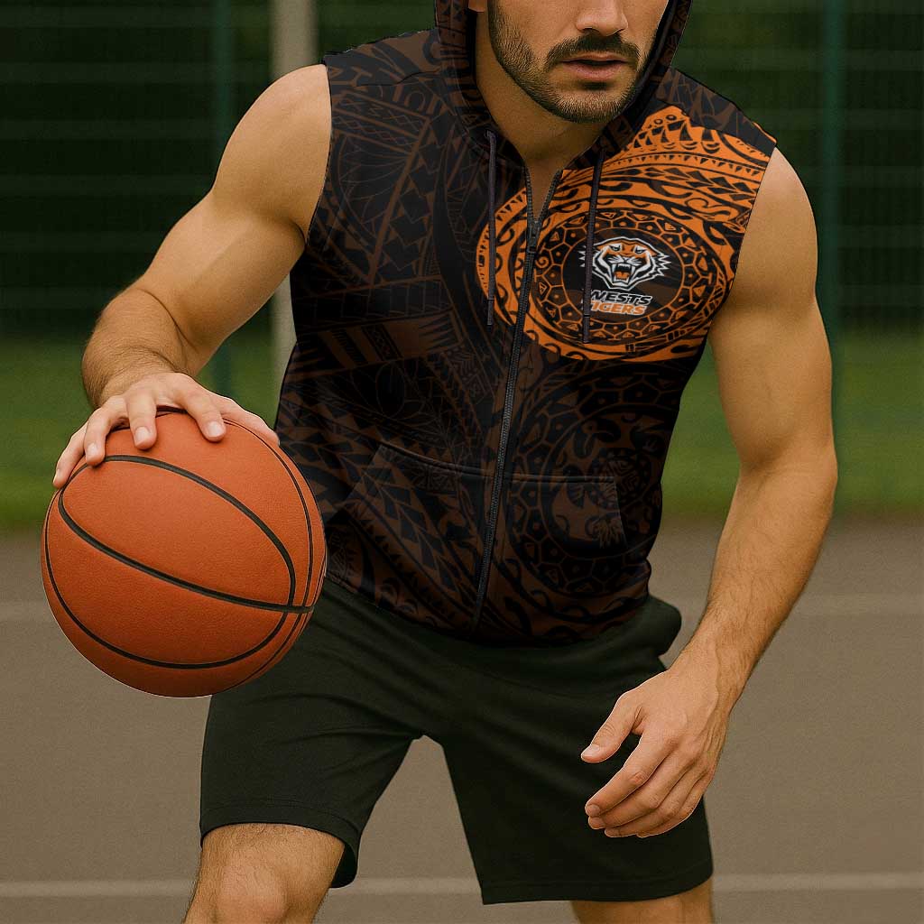 Personalized Wests Tigers Sleeveless Zip Hoodie Polynesian Tribal Chest and Sleeve Tattoo