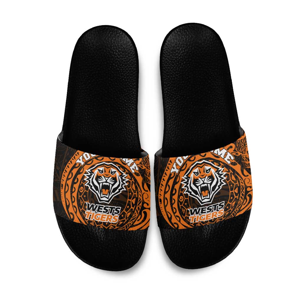 Personalized Wests Tigers Slide Sandals Polynesian Tribal Chest and Sleeve Tattoo