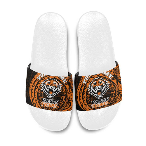 Personalized Wests Tigers Slide Sandals Polynesian Tribal Chest and Sleeve Tattoo