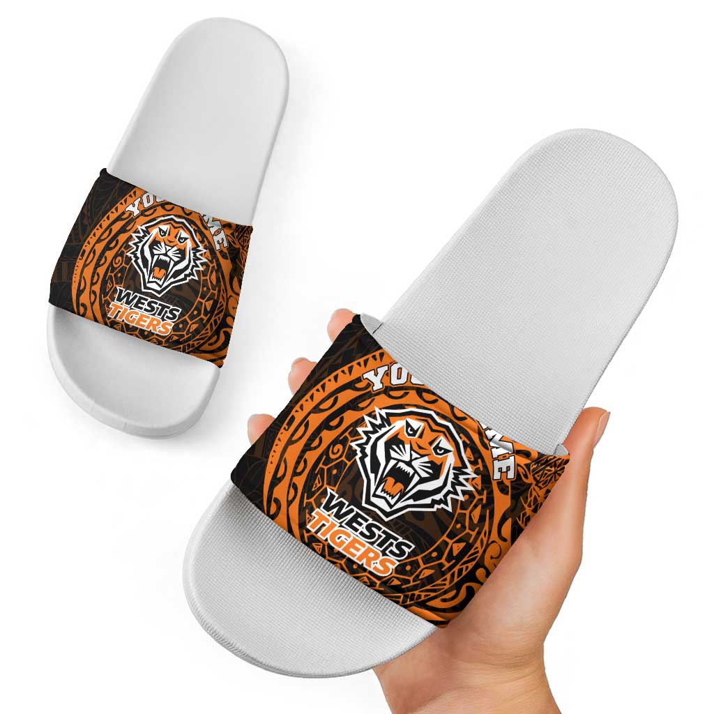 Personalized Wests Tigers Slide Sandals Polynesian Tribal Chest and Sleeve Tattoo