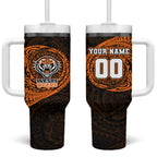 Personalized Wests Tigers Tumbler With Handle Polynesian Tribal Chest and Sleeve Tattoo