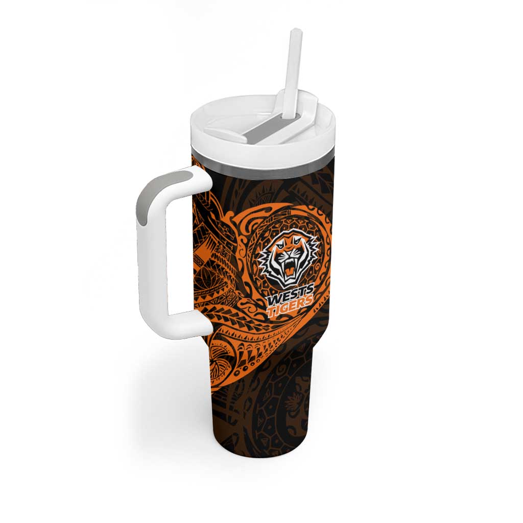 Personalized Wests Tigers Tumbler With Handle Polynesian Tribal Chest and Sleeve Tattoo