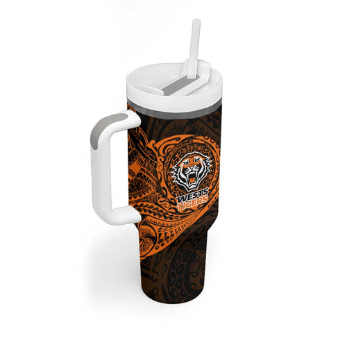 Personalized Wests Tigers Tumbler With Handle Polynesian Tribal Chest and Sleeve Tattoo