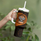 Personalized Wests Tigers Tumbler With Handle Polynesian Tribal Chest and Sleeve Tattoo