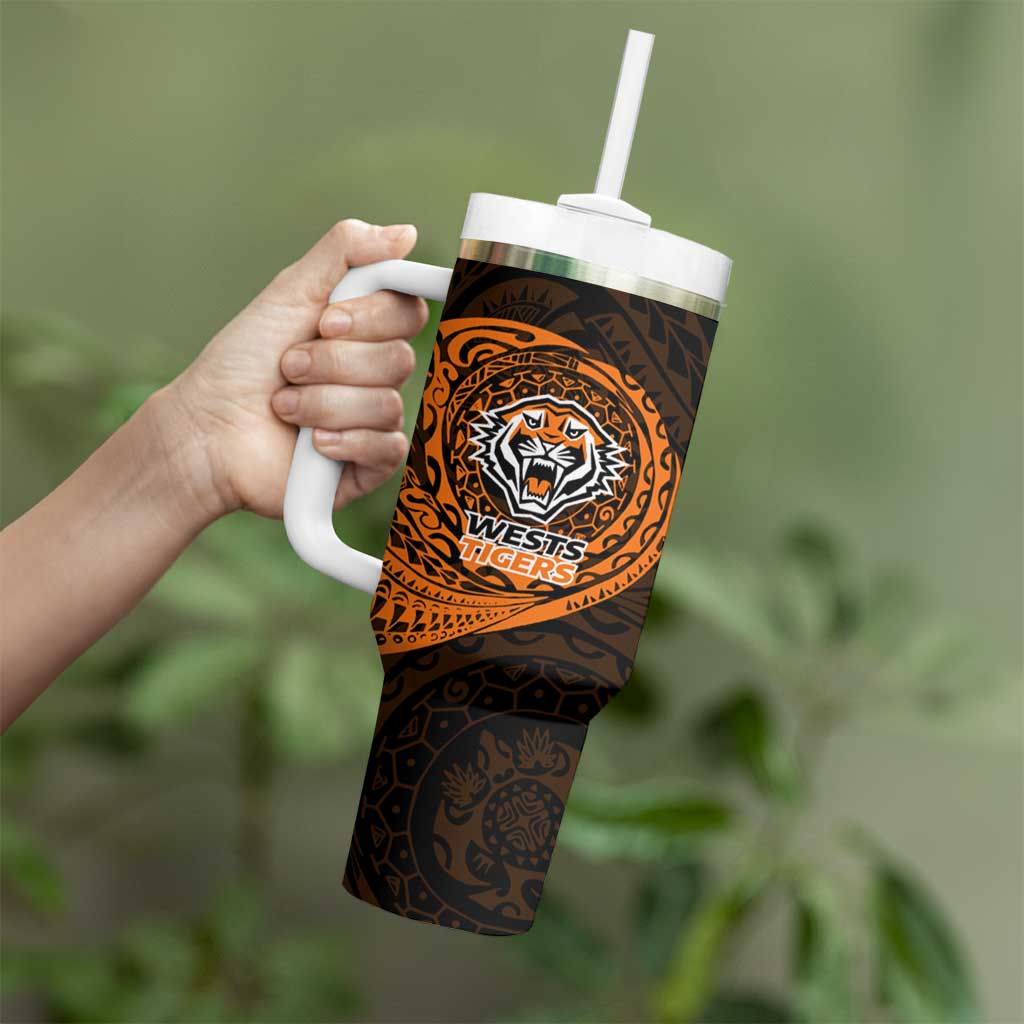 Personalized Wests Tigers Tumbler With Handle Polynesian Tribal Chest and Sleeve Tattoo