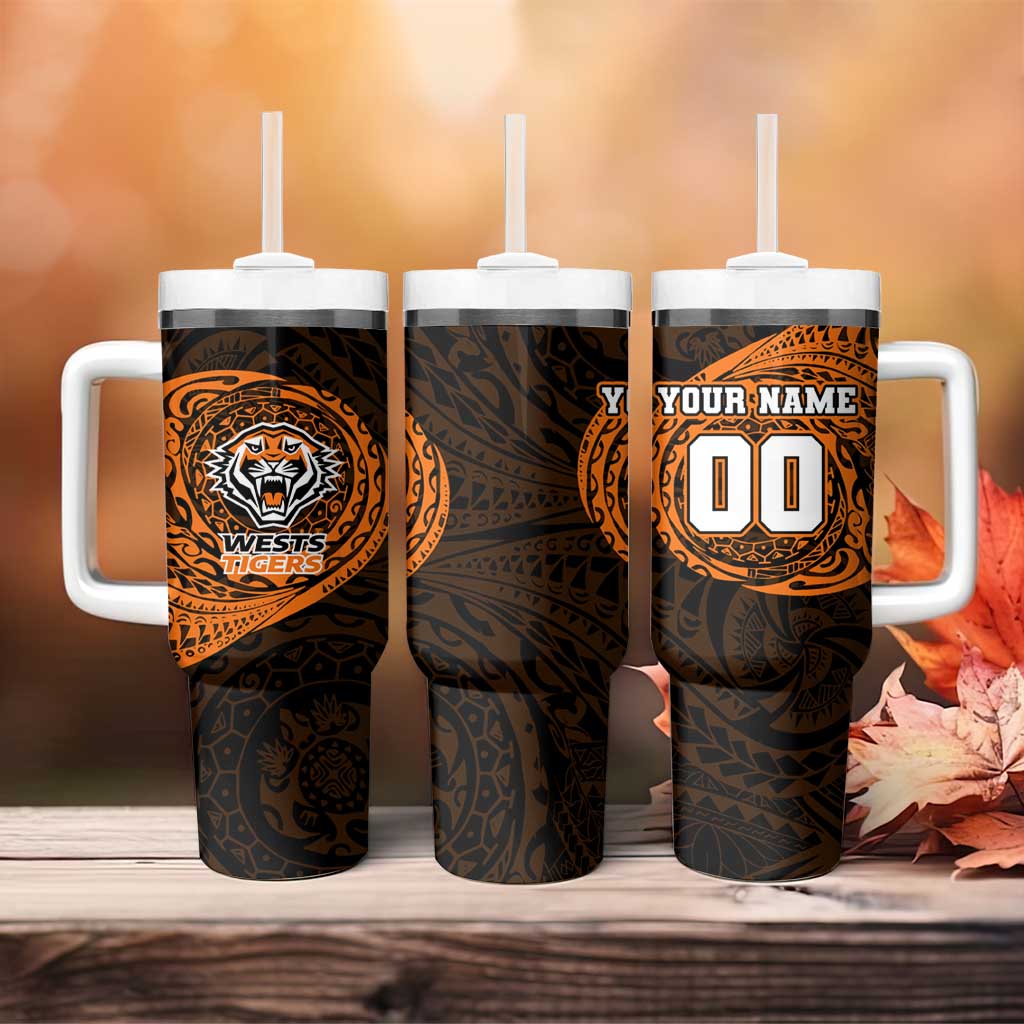 Personalized Wests Tigers Tumbler With Handle Polynesian Tribal Chest and Sleeve Tattoo