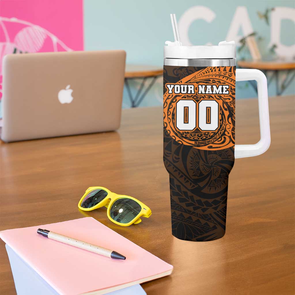 Personalized Wests Tigers Tumbler With Handle Polynesian Tribal Chest and Sleeve Tattoo