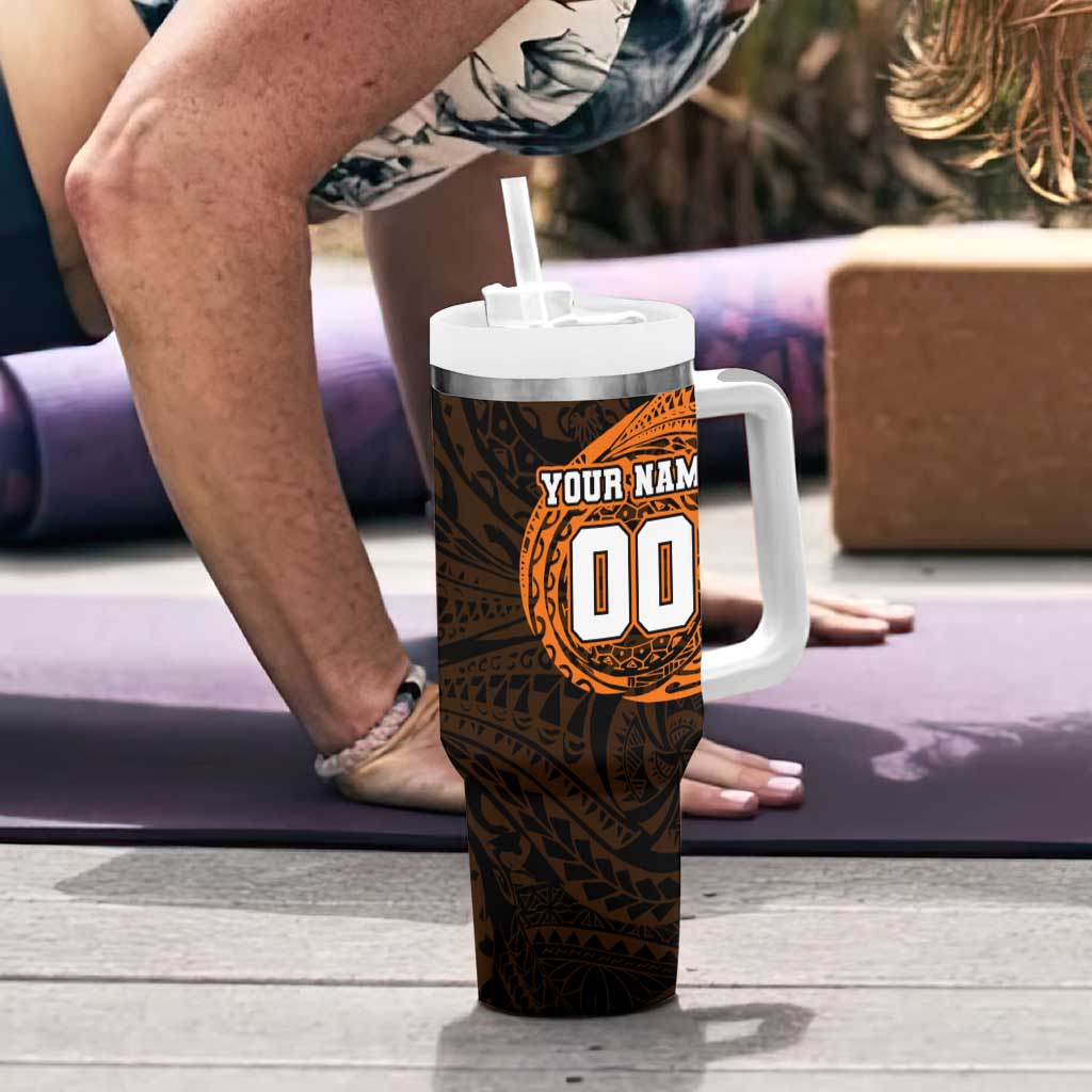 Personalized Wests Tigers Tumbler With Handle Polynesian Tribal Chest and Sleeve Tattoo