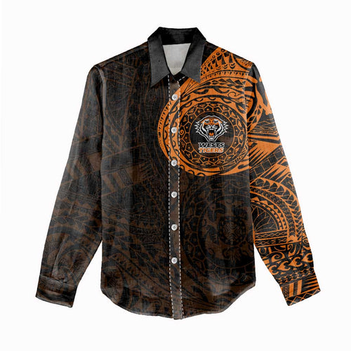 Personalized Wests Tigers Women Casual Shirt Polynesian Tribal Chest and Sleeve Tattoo